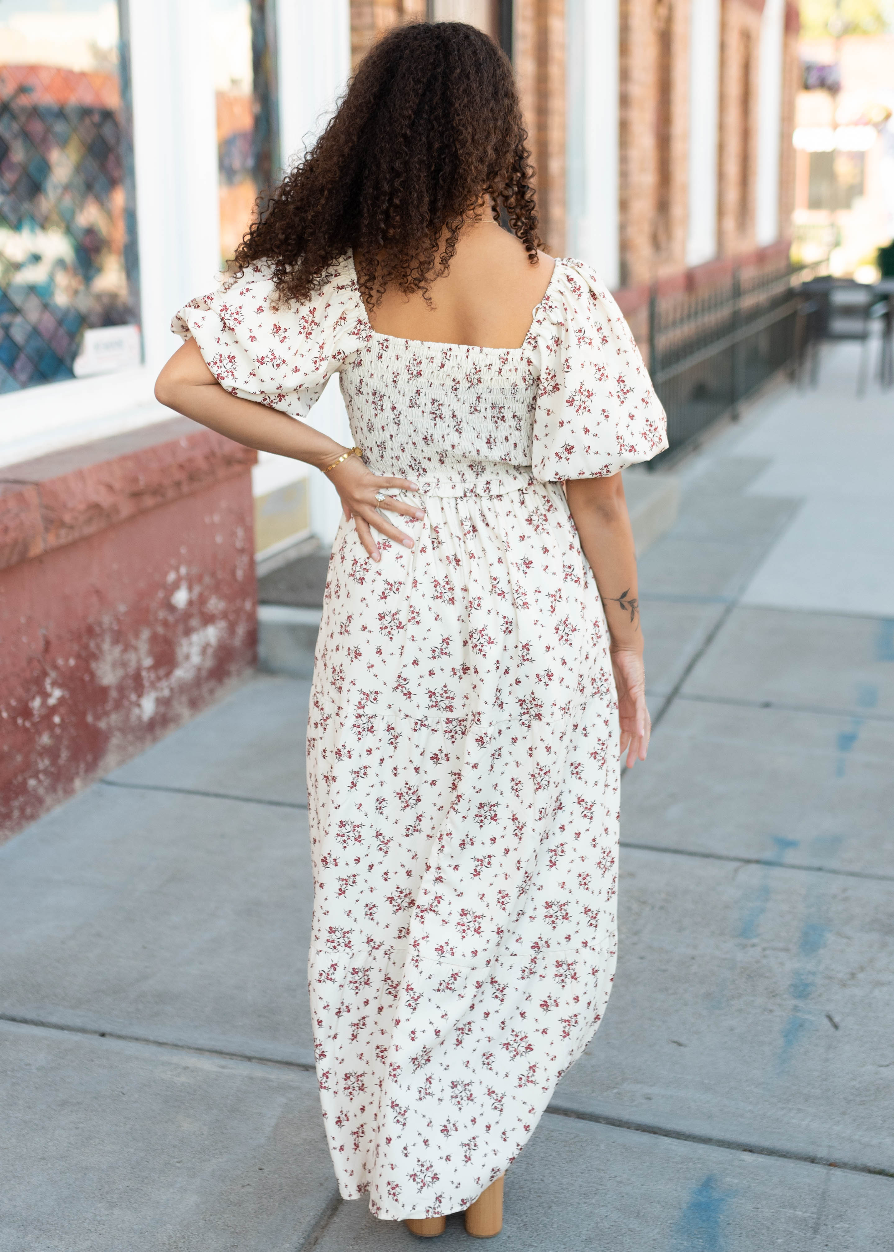 Lauren Beige Floral Smocked Dress