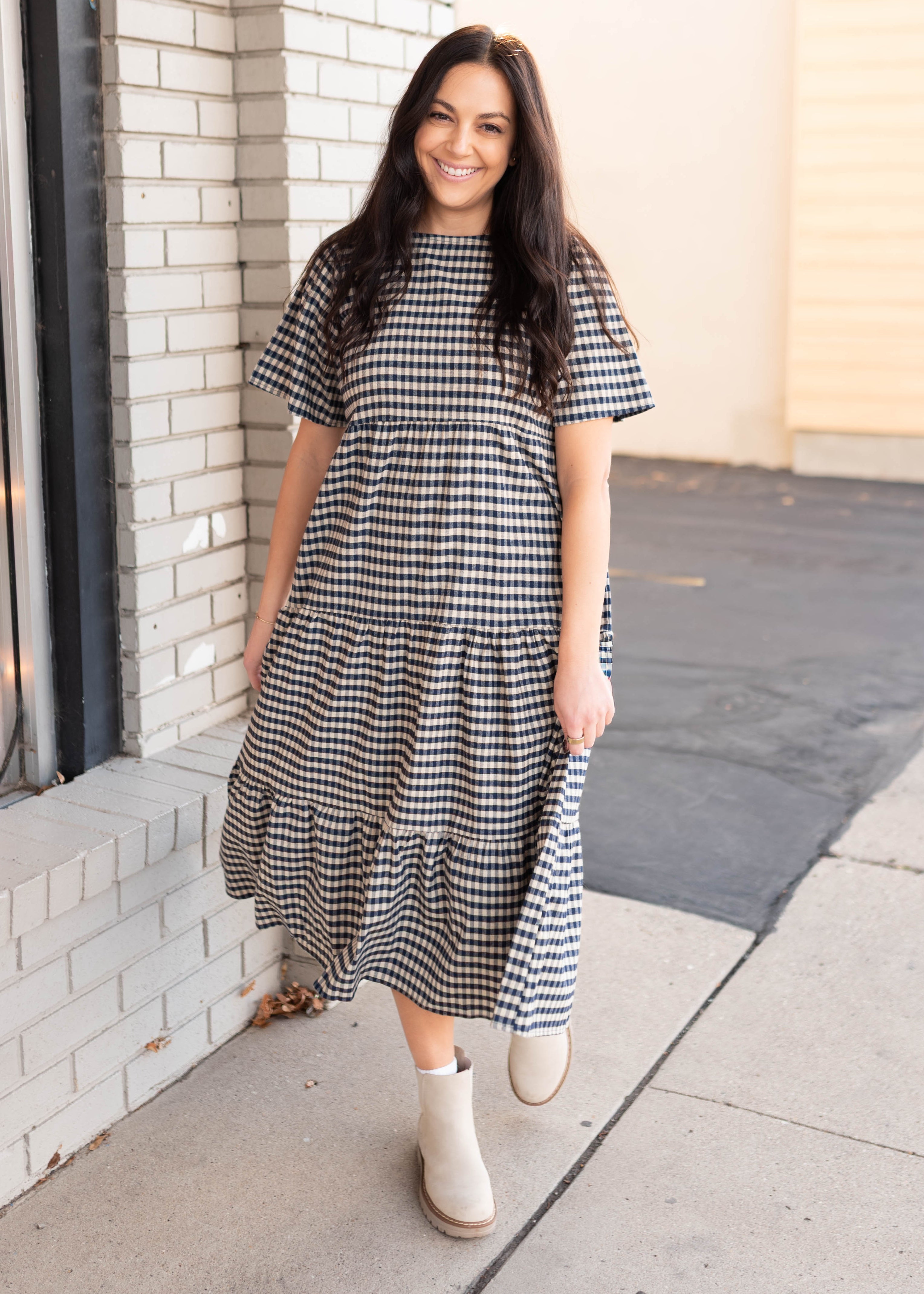 Nora Navy Gingham Tiered Dress