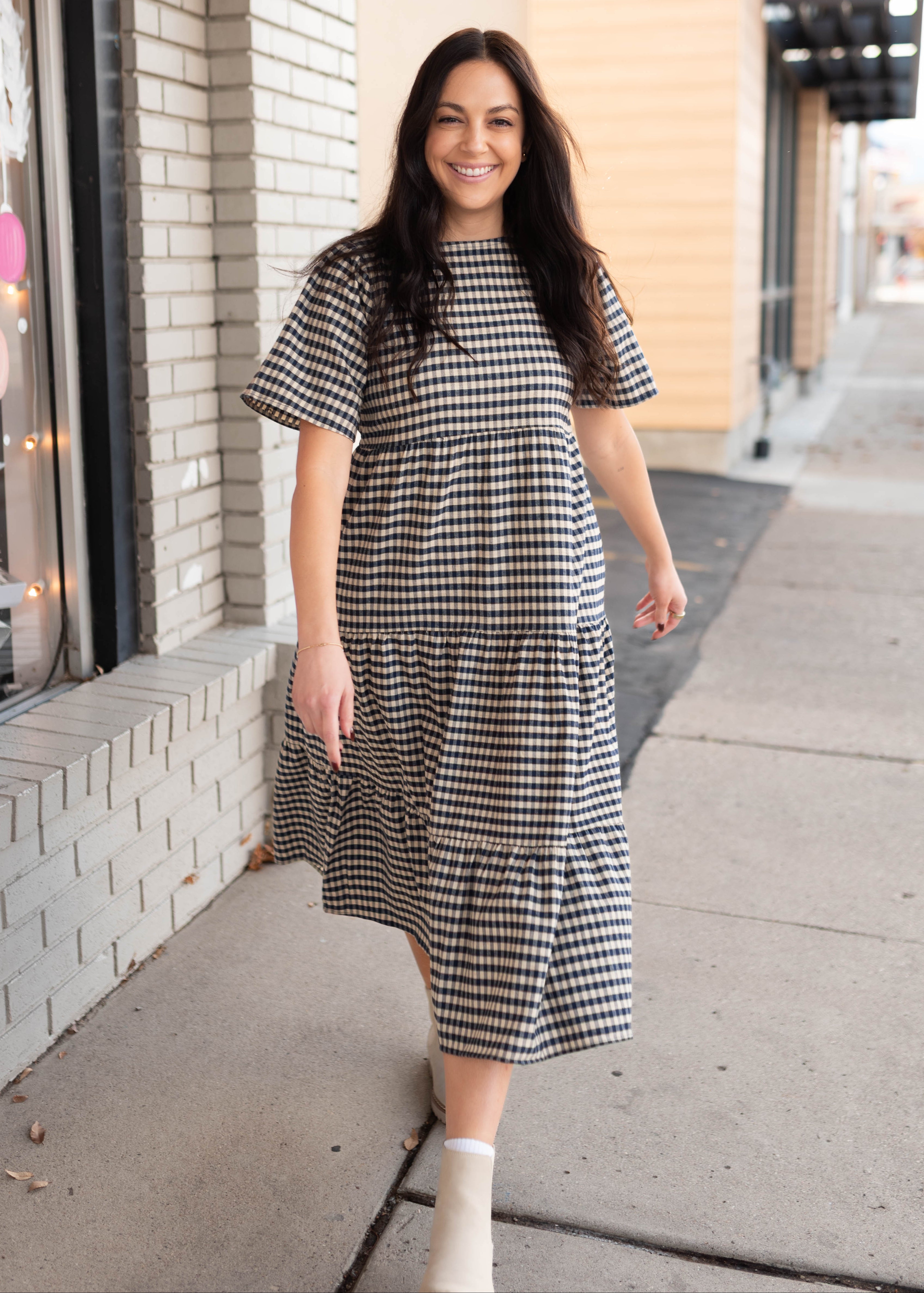 Nora Navy Gingham Tiered Dress