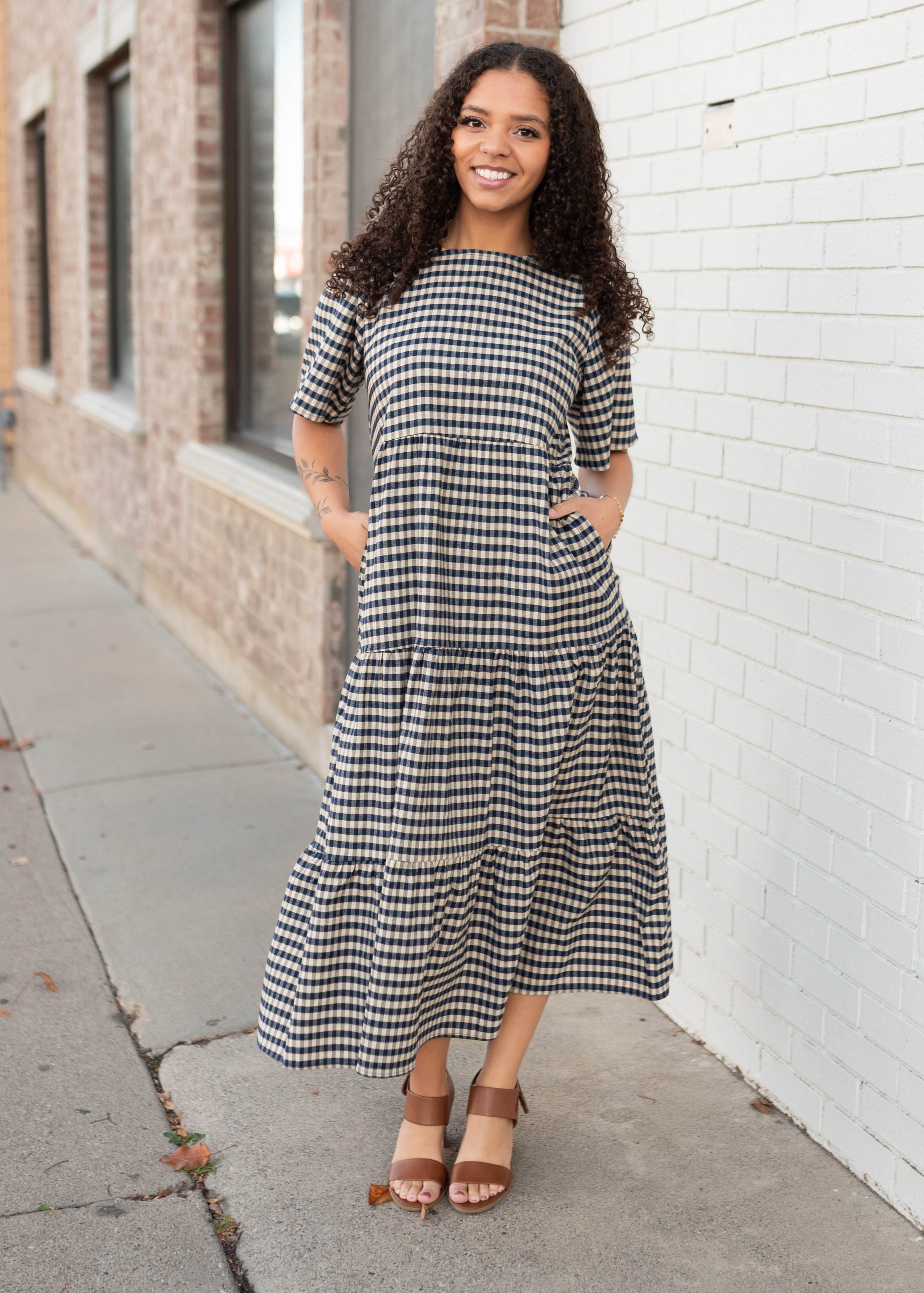 Nora Navy Gingham Tiered Dress