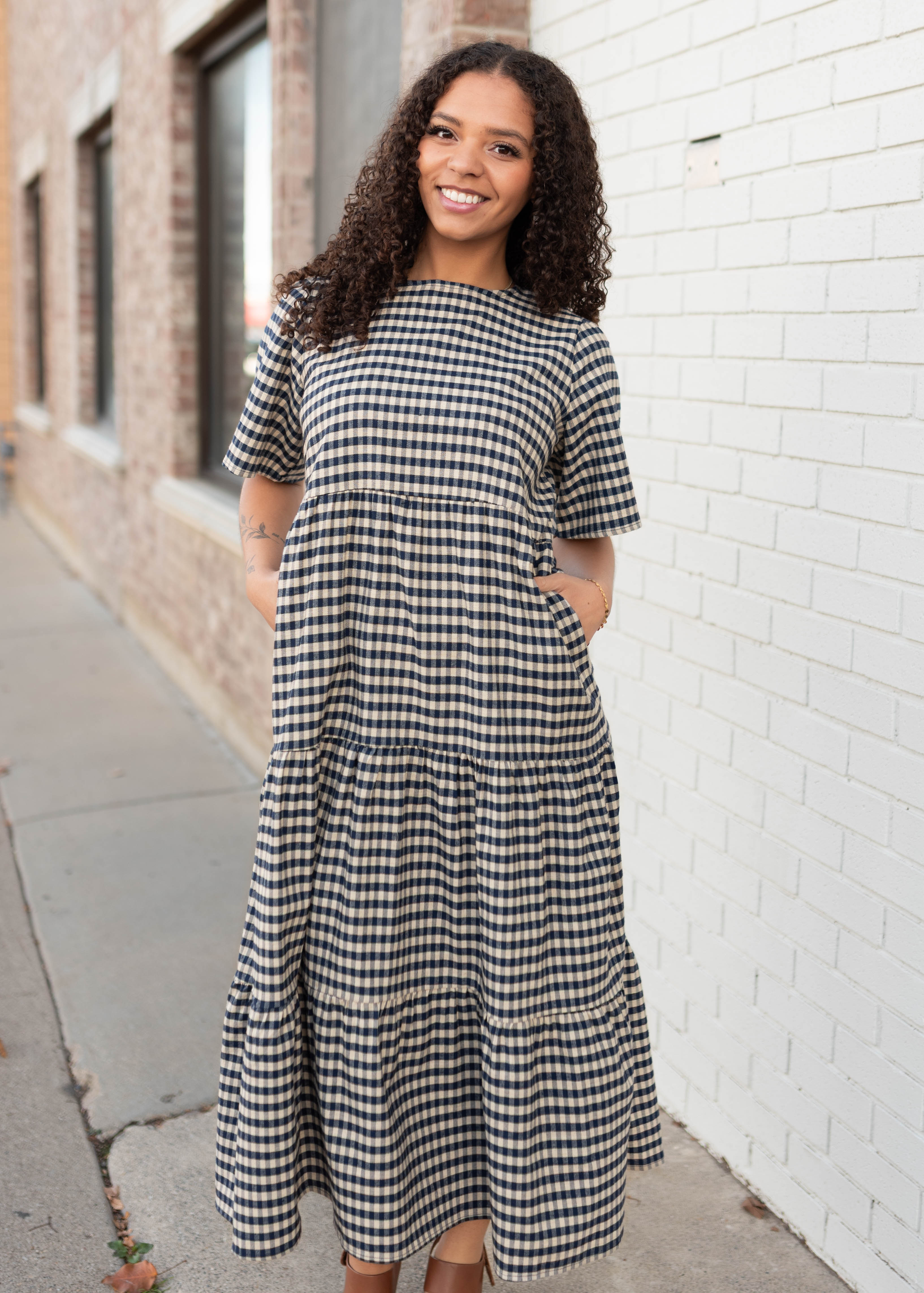 Nora Navy Gingham Tiered Dress