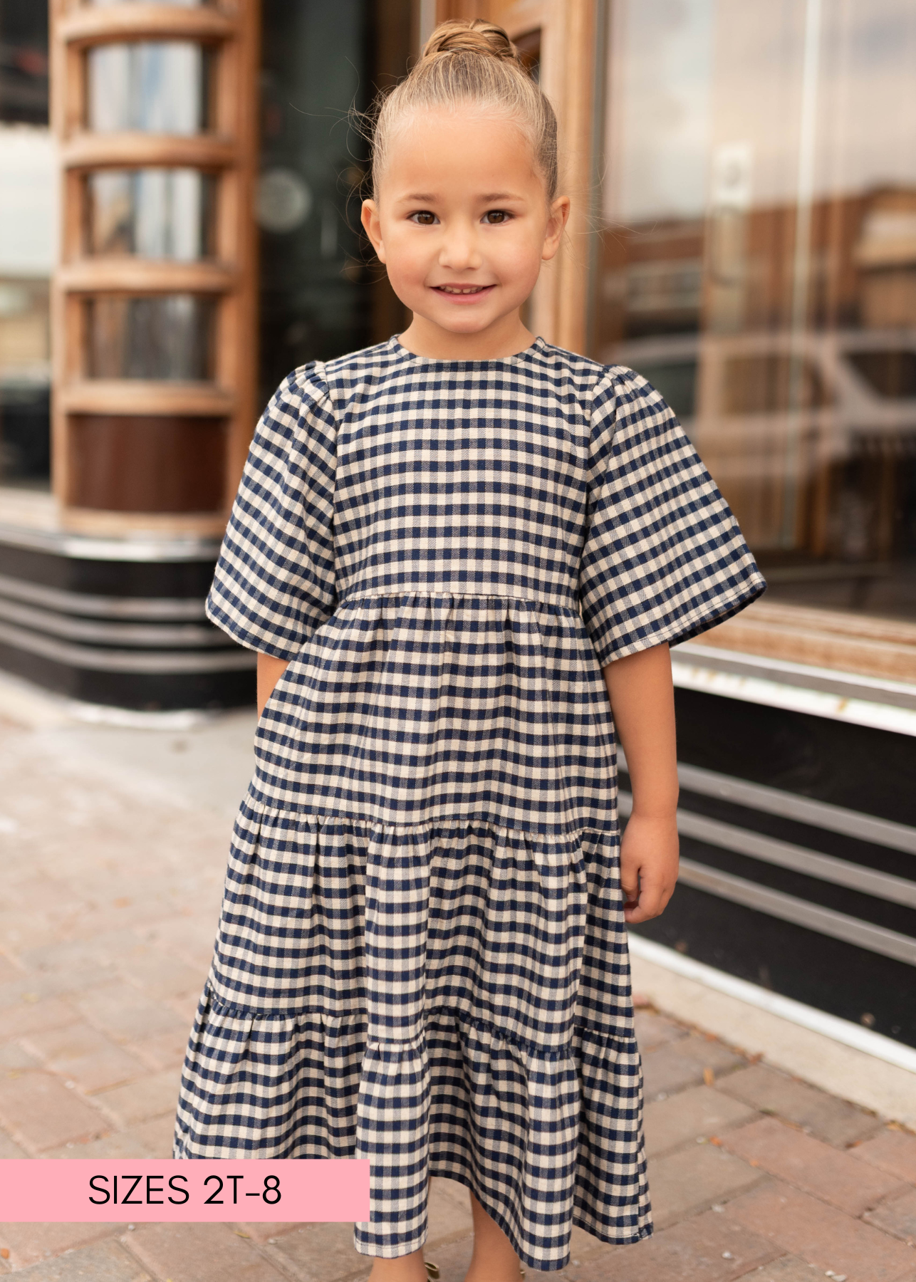 Nora Navy Gingham Tiered Little Girl Dress