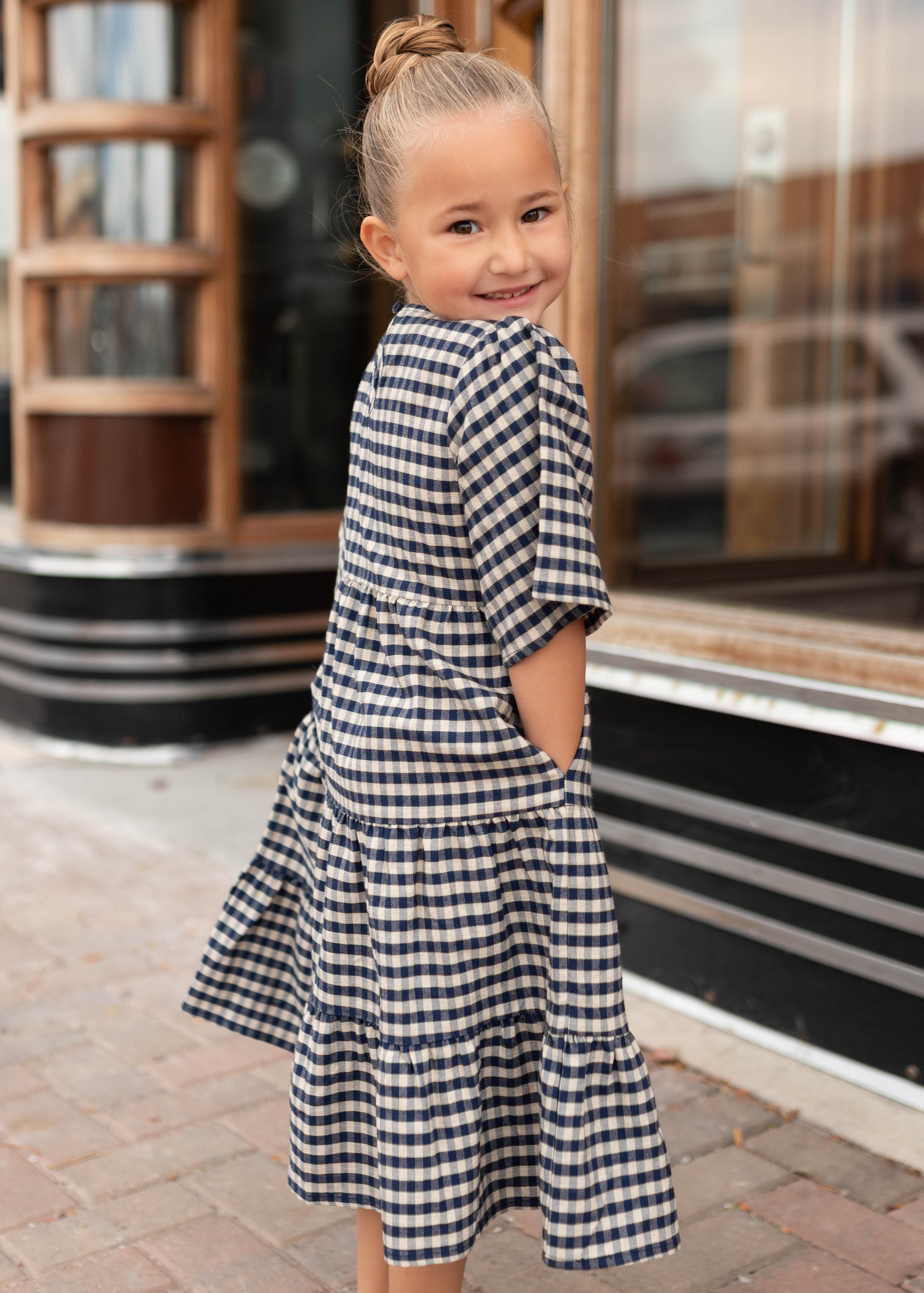 Nora Navy Gingham Tiered Little Girl Dress