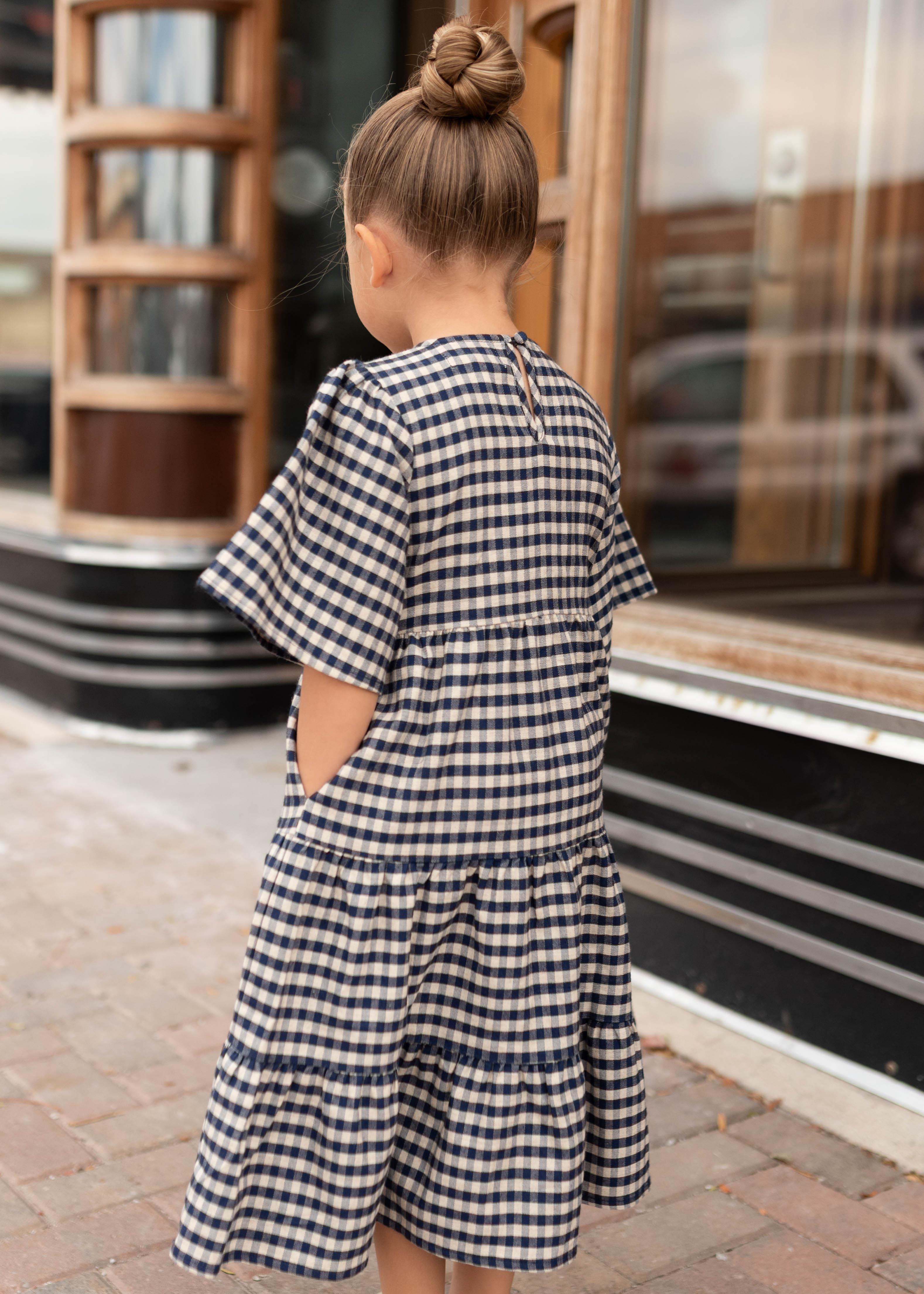 Nora Navy Gingham Tiered Little Girl Dress