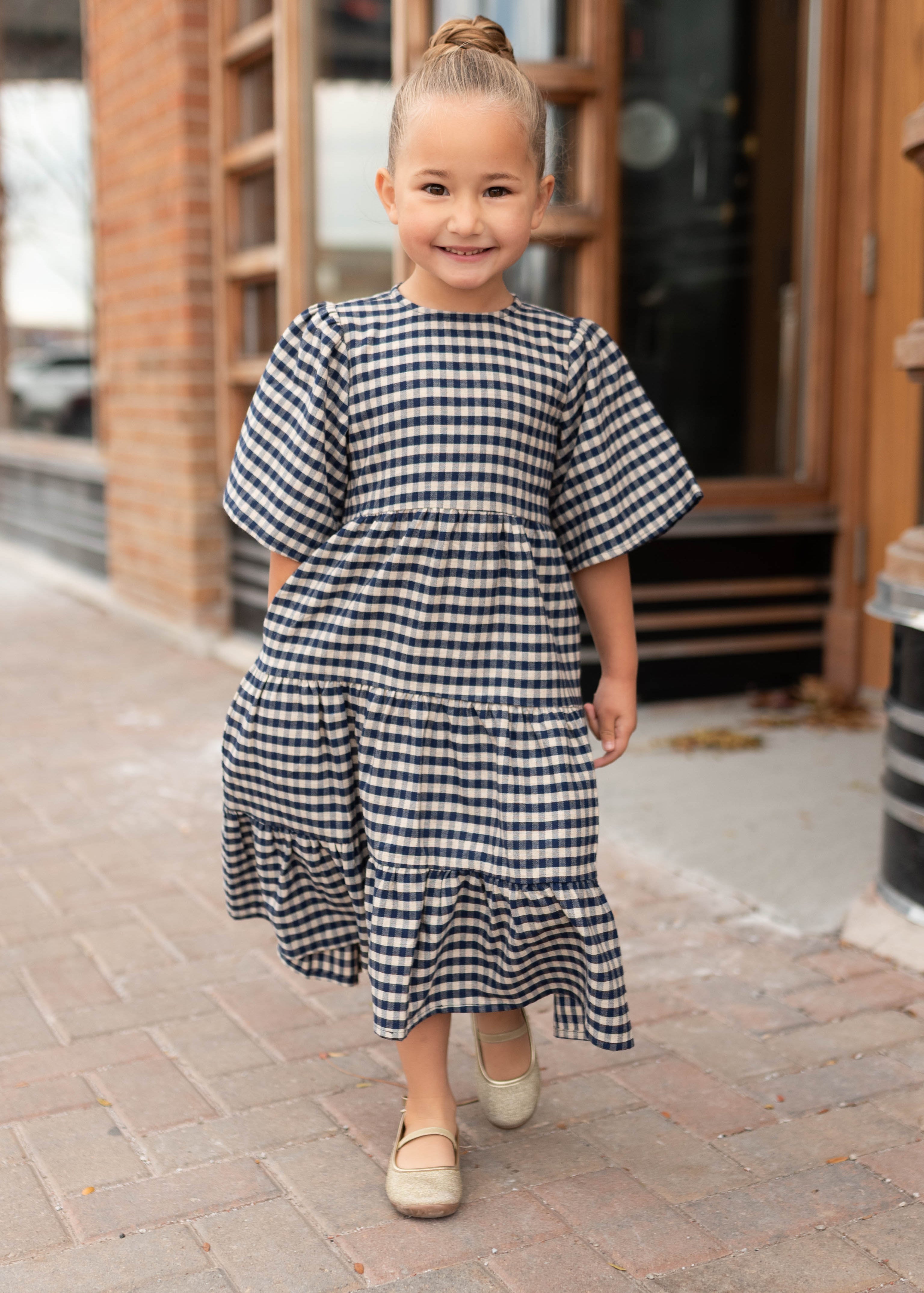 Nora Navy Gingham Tiered Little Girl Dress