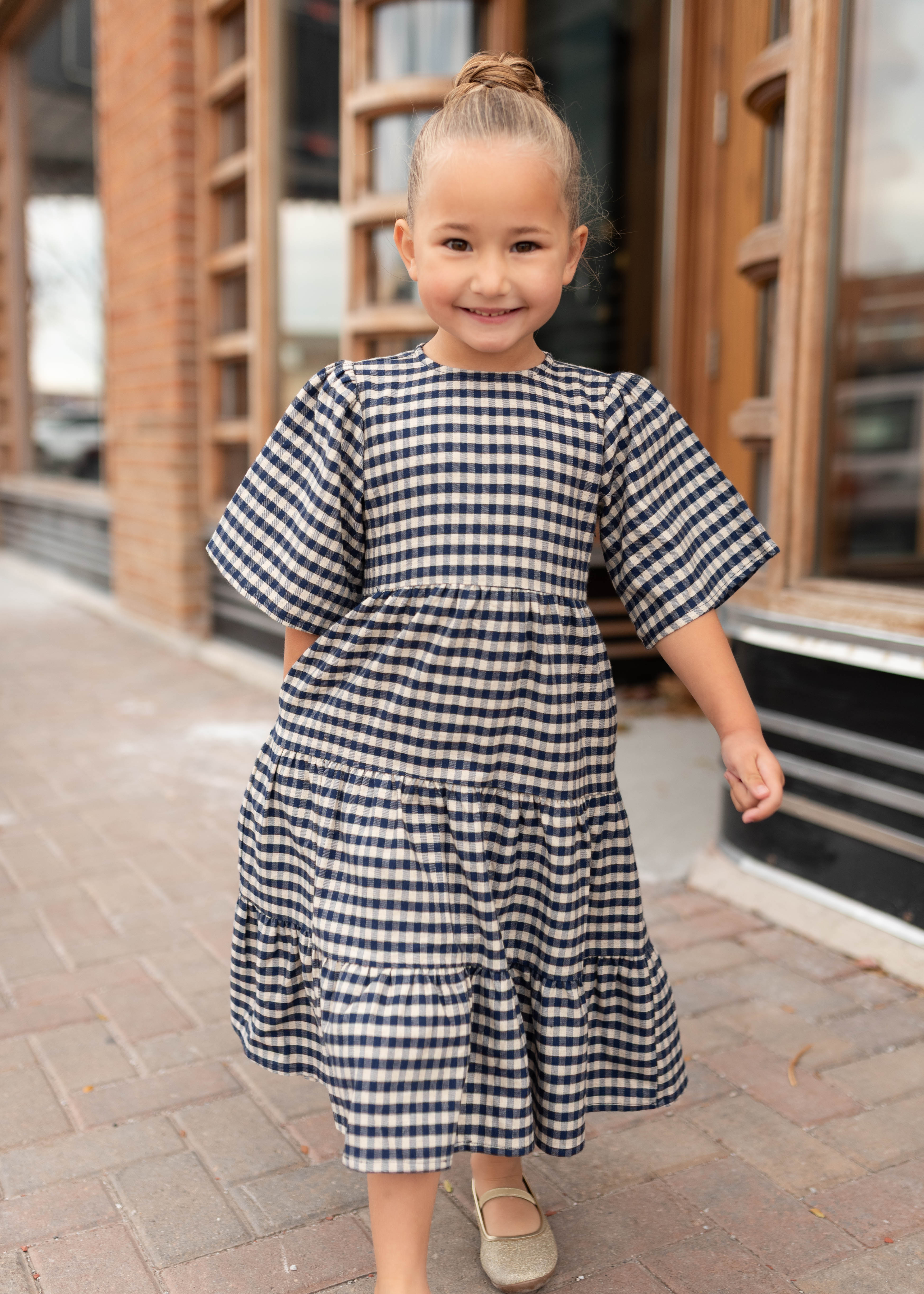 Nora Navy Gingham Tiered Little Girl Dress