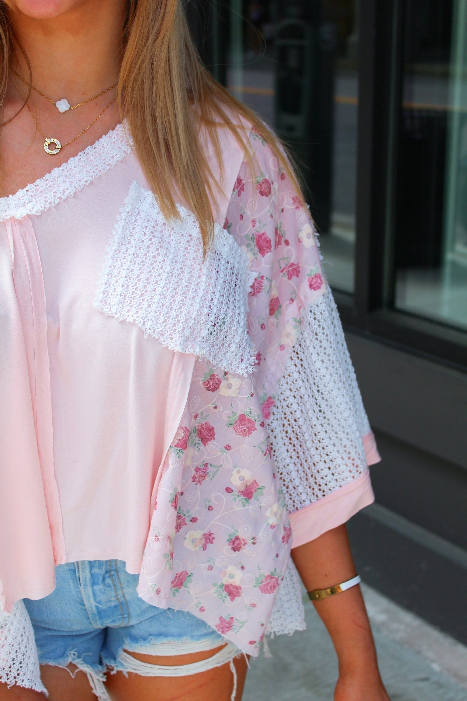 Pink Floral Lace Crochet Blouse