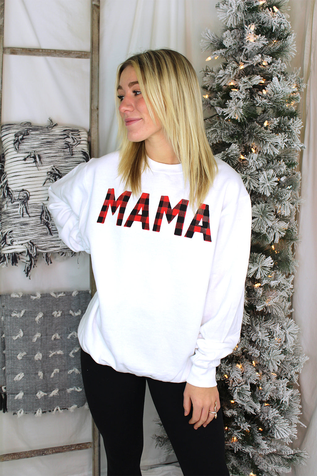 White With Red Plaid MAMA Holiday Sweatshirt