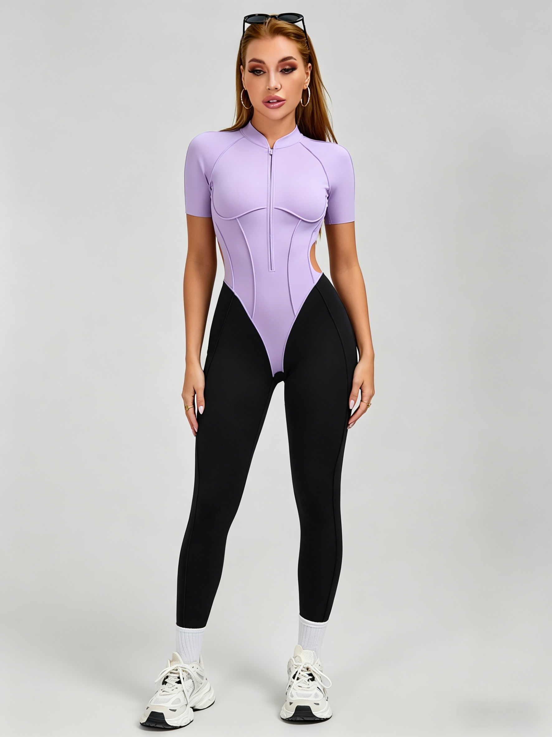 Contrast Color Backless Stitch Zipper Jumpsuit