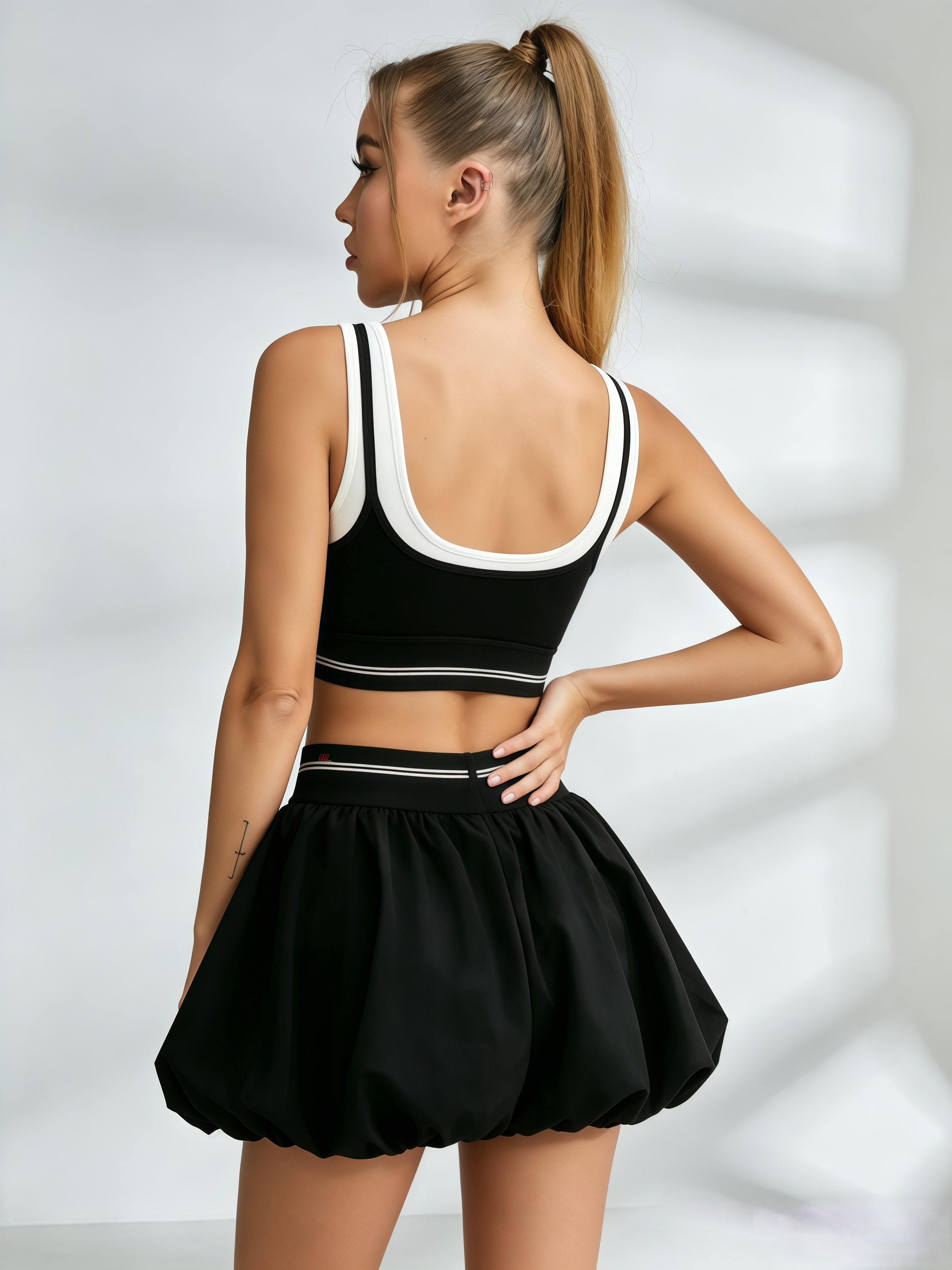 Color-Block Crop Top & Bubble Tennis Skirt Set