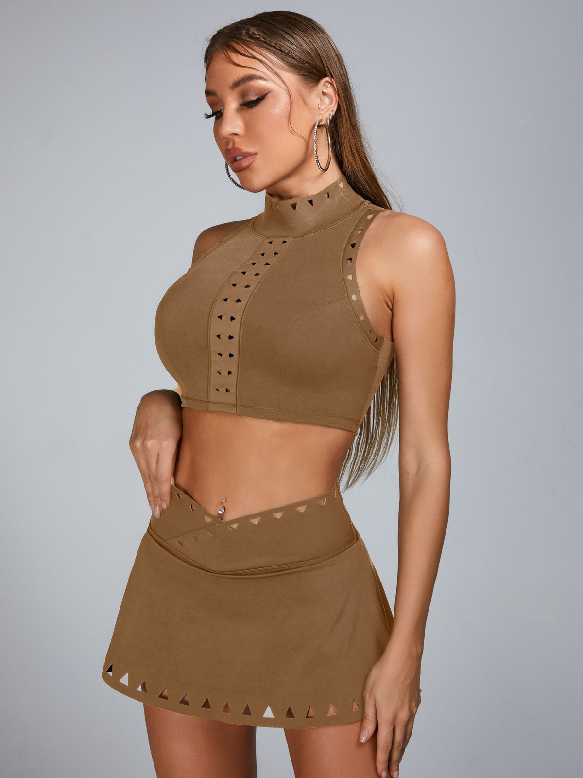 Cutout V Shape Waist Backless Skirt Suit